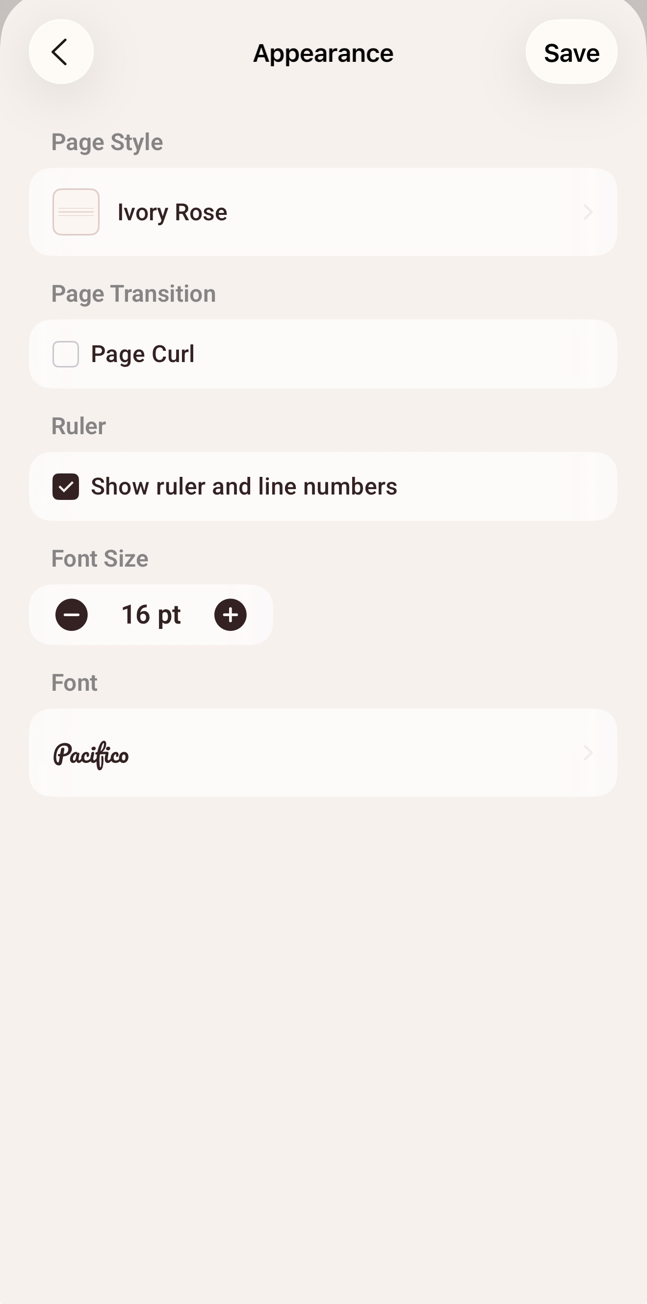 Customisation screen for choosing font, font size, and preferred currency