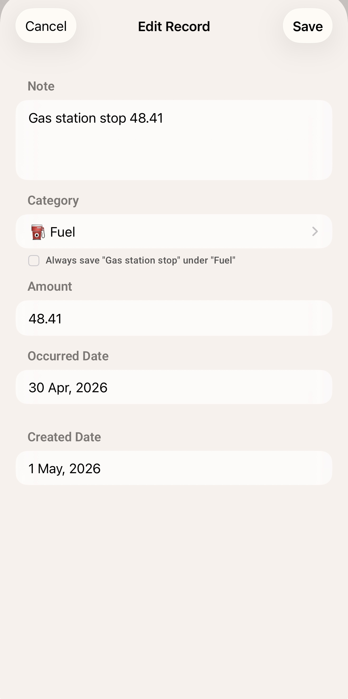 Manual edit screen for correcting the category, amount, currency, or date of an expense record