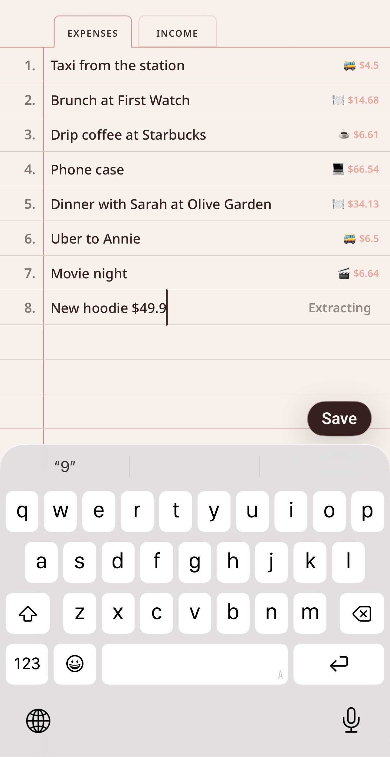 Today Expenses notebook page with handwritten expense entries being automatically categorised by on-device AI