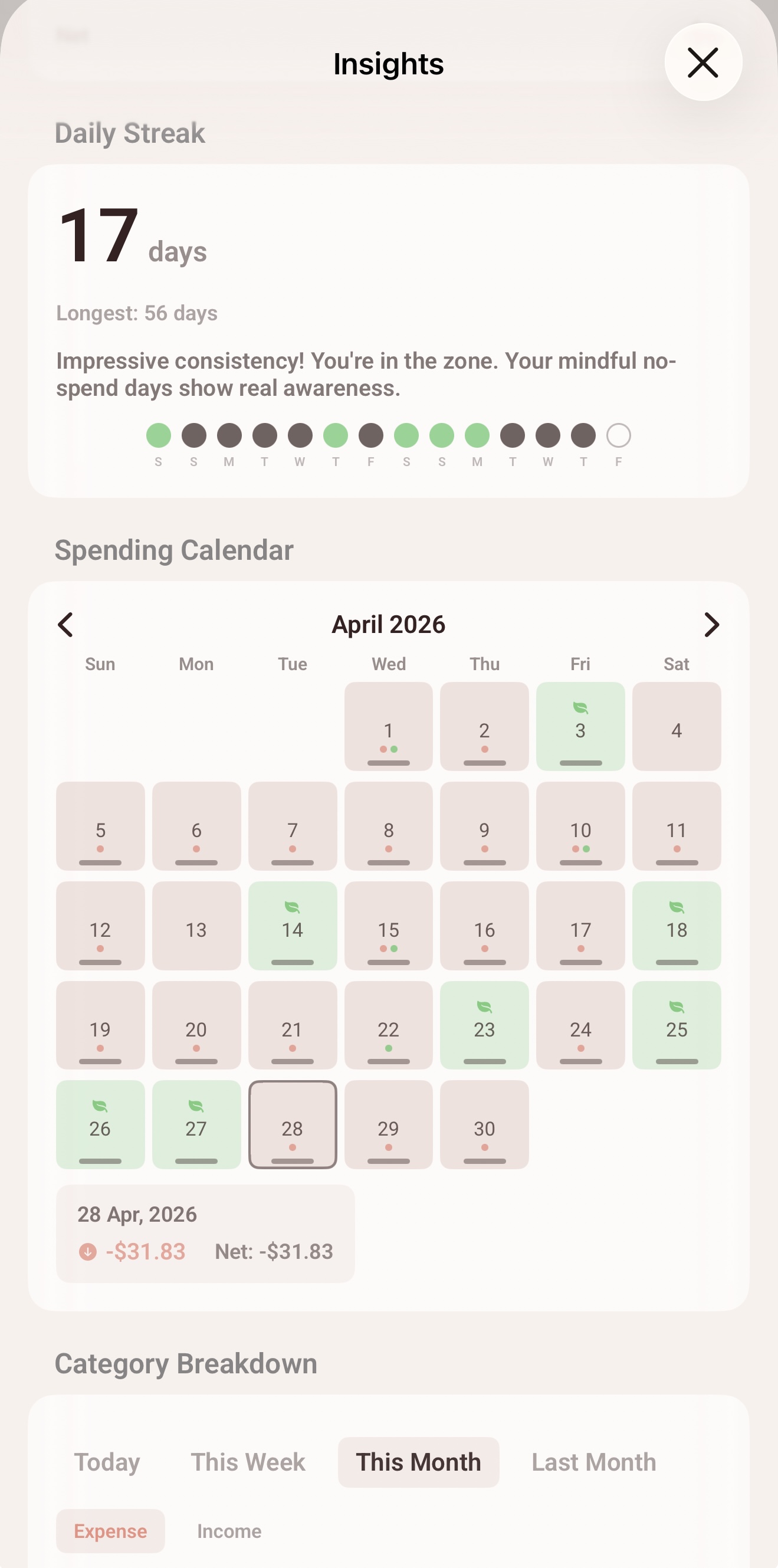 Daily streak calendar tracking consecutive days of expense logging