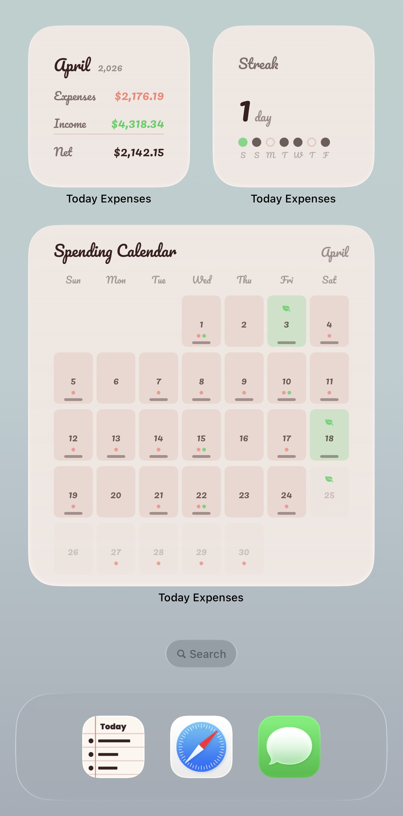 iPhone home screen with Today Expenses widgets: today balance, weekly summary, streak, and category breakdown iPhone home screen with Today Expenses widgets: today balance, weekly summary, streak, and category breakdown